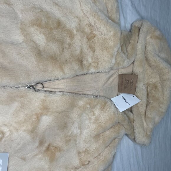 Forever 21 Beige Faux Fur Hoodie Jacket – Soft Plush Zip-Up – Size M - Picture 3 of 7